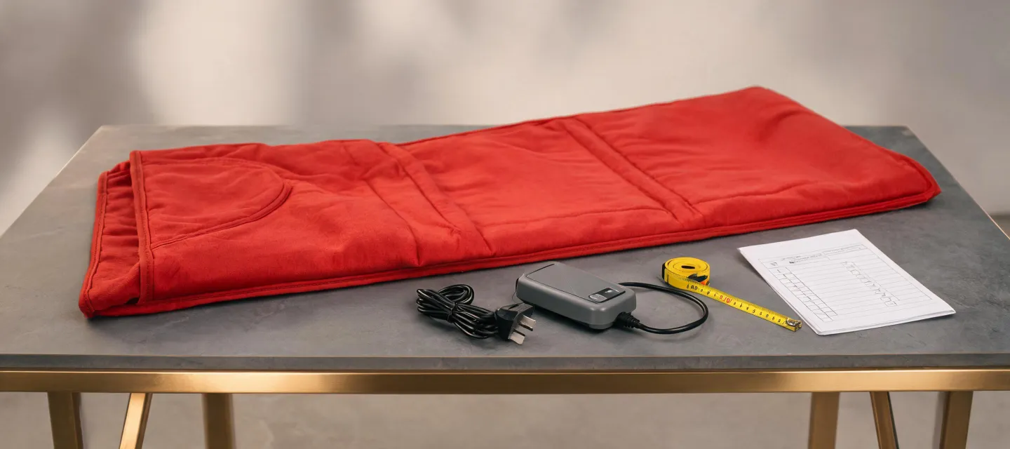Red light sauna blanket components arranged beside a procurement specification ledger